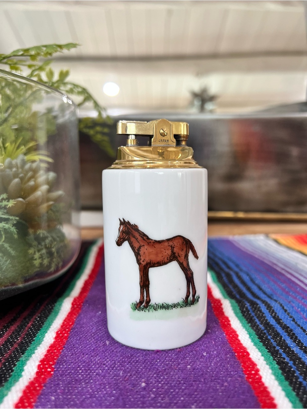 Porcelain Table Lighter with Horse Motif - White and Gold